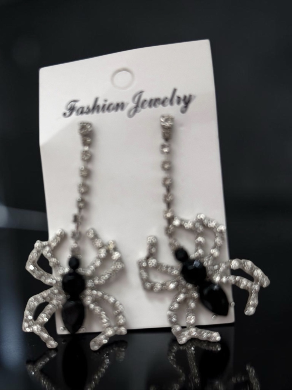 Fashion Jewelry Silver and Black Crystal Spider Drop Earrings